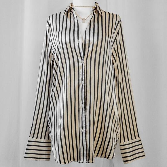 Beetlejuice style Striped Satin Button Up Blouse - Picture 2 of 6
